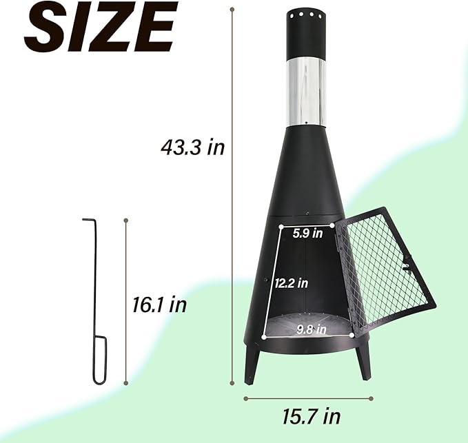 BDL Chiminea Outdoor Fireplace Outdoor Wood Burning Fire Pit Free Standing Fireplace with Log Grate Mesh Screen for Patio Backyard Garden-Black