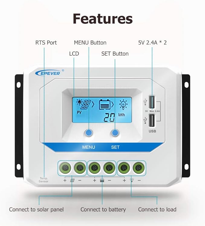 EPEVER Solar Charge Controller 30A 12V/24V Auto Work Solar Panel Solar Charge Controller PWM Regulator with LCD Display and USB 5V Output for Lead-Acid Gel Sealed Flooded Battery