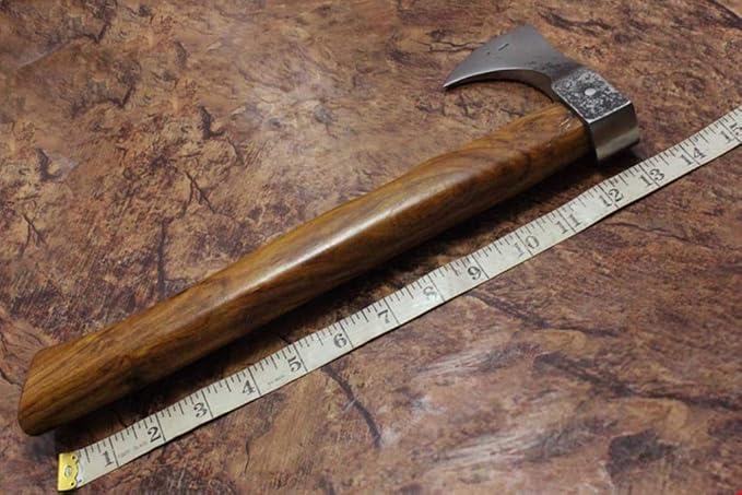 High Carbon Steel Voyager Axe Tomahawk Bearded Hiking Battle Axe 14 Inches Long with Rose Wood Round Handle Thick Cow Hide Leather Sheath