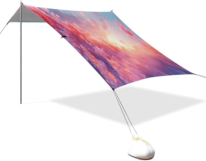 Meadow Pink Landscape Beach Tent Sun Shelter Set UPF50+ UV Protection 10.5 x 9.19 FT Camping Shade Canopy with Sandbags Sand Anchors Carrying Bag and Others