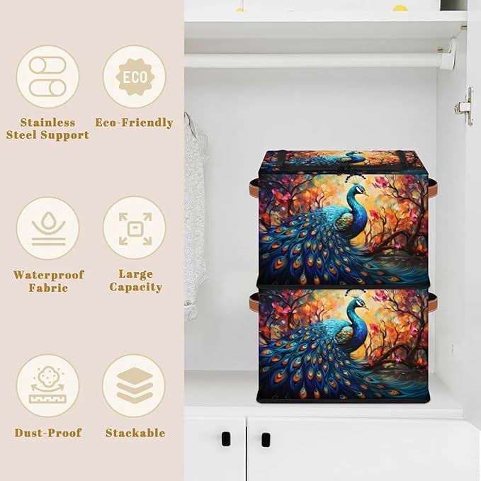 Clothes Storage Bins with Metal Frame Animal Peacock Storage Boxes with Zipper Lids Collapsible Cube Clothing Storage Bag with Leather Handle Closet Clothes Organizer Container