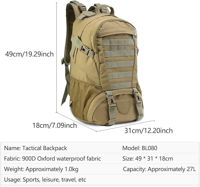 Military Tactical Backpack for Men Hiking Day Pack Molle Military Rucksack Waterproof EDC Bag (Jungle Camouflage)