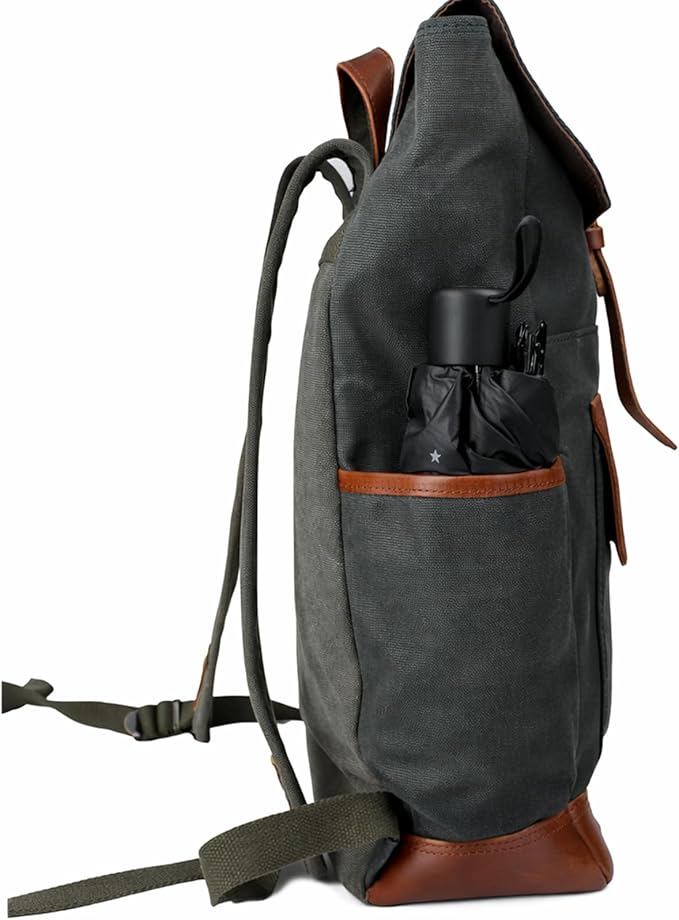 Heavy-Duty Wax Canvas with Top Layer Cowhide Retro Backpack Suitable for Men and Women'S Leisure/Hiking/Traveling/College Canvas Backpack(8431-Army Green)