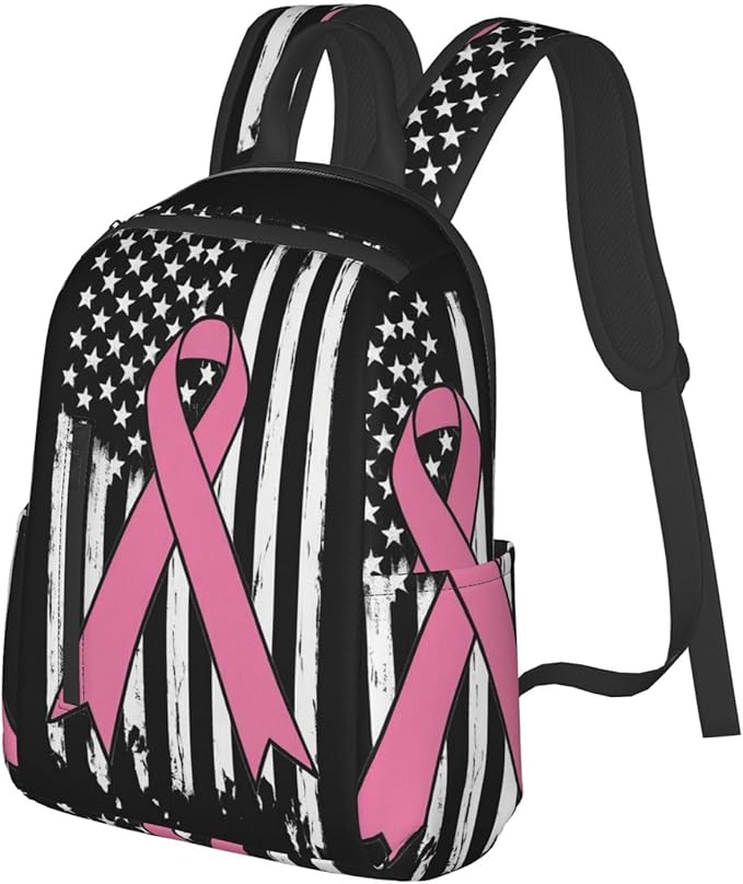 Breast Cancer Awareness Pink Ribbon American flag Travel Laptop Backpack Womens Mens Bag Bookbag