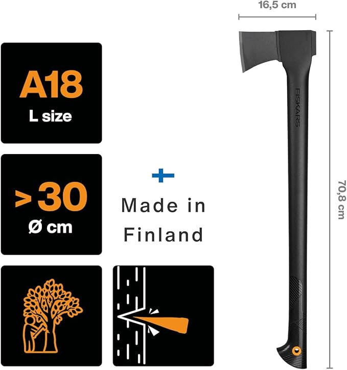 Fiskars 1052045 sheet axe L solid with knife blade and transport protection high-quality steel blade/glass fibre reinforced plastic handle A18 length: 65 cm 1.6 kgBlack/Orange