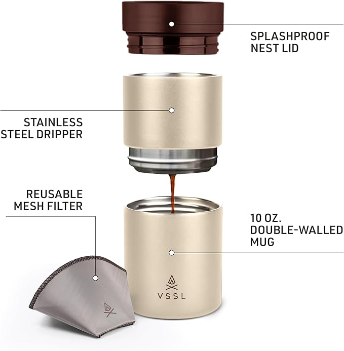 VSSL - Nest Pour Over Coffee Set | Coffee Maker for Camping | All-In-One Travel Pour Over | Transportable Dripper 10oz Stainless Steel Travel Mug | Compact Storage &amp Adventure Ready | Cream
