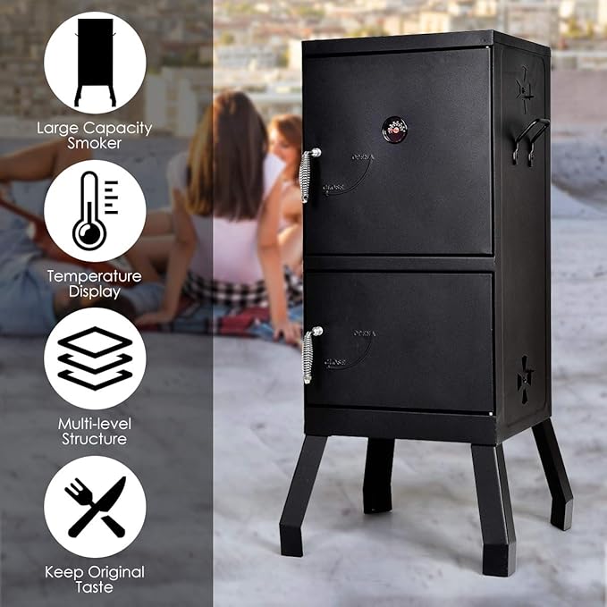DORTALA Vertical Charcoal Smoker Outdoors Charcoal Barbeque Smoked Carbon Oven Iron Structure w/Two Chrome-plated Nets Two Charcoal Pots Suitable for Lawn Picnic Backyard BBQ (Black)