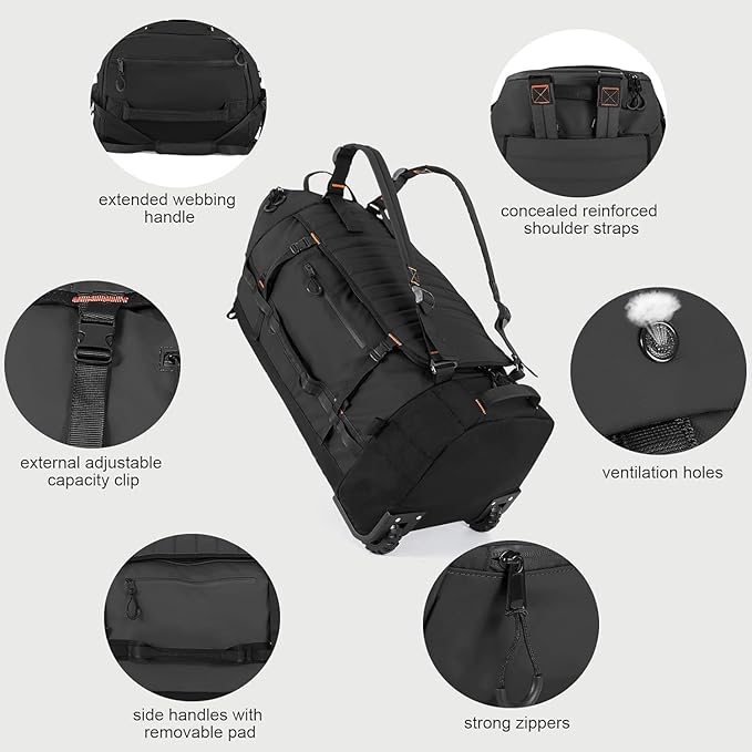 Rolling Duffle Bag with Wheels86L 30”Carry on Luggage with WheelsFolding Travel BagDuffle Backpack with Separate Shoe Compartment (black)