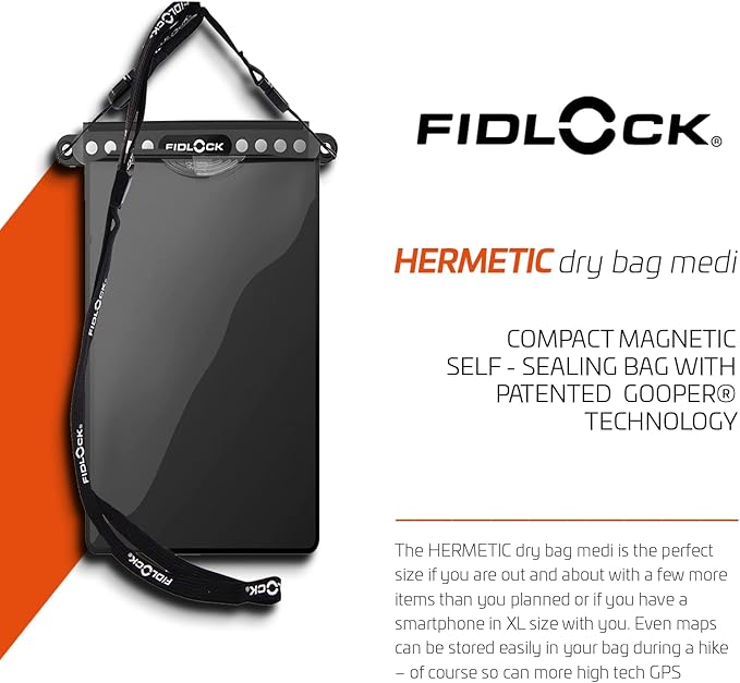 FIDLOCK Hermetic Dry Bag Flexible Magnetic Self-Sealing Bag for Cellphone | 100% Water &amp Sand Proof | Practical Size with a Large Opening | Lanyard Included | Medi | Orange Transparent