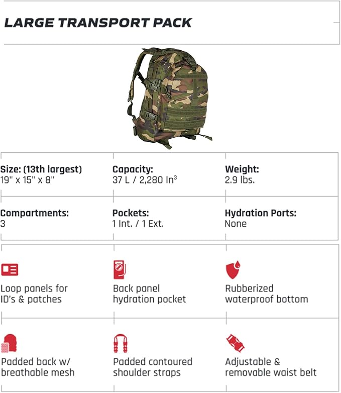 FOX OUTDOOR PRODUCTS Large Transport Pack | 37L Tactical Backpack with Compression Straps Hydration Pocket &amp Modular Webbing