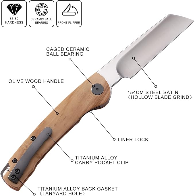 Petrified fish PFE04 Scholar3.7 154CM Satin Blade98.5g Olive Wood Handel Front Flipper Liner lock Folding knife (Olive Wood Handle)