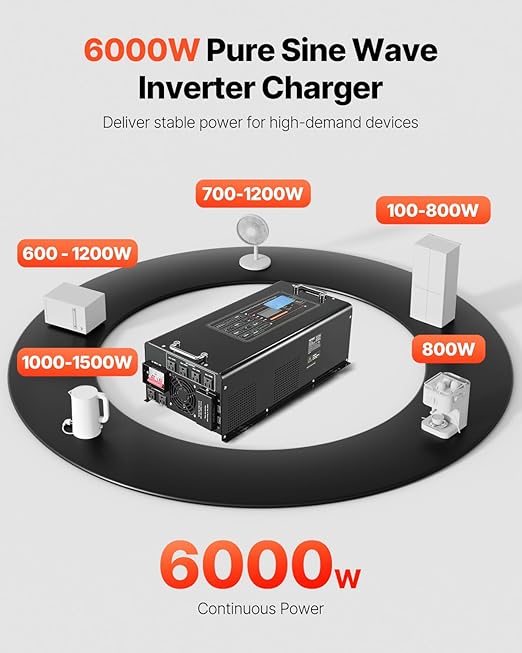 VEVOR Pure Sine Wave Inverter Charger 6000 Watt DC 48V to AC 120V Battery Charger with LCD Display Remote Control Solar Inverter for Off-Grid Solar RV Boat Home Compatible with Various Batteries