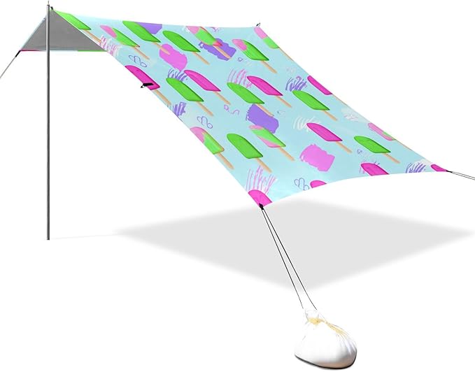 xigua Ice Sucker Beach Tent Sun Shelter with Carrying Bag - Silver Coated Oxford Fabric Beach Canopy for Beach Camping Fishing - Includes Windproof Ropes Sandbags &amp Stakes