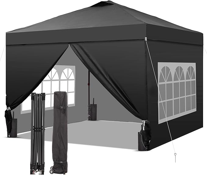 GDY 12x12 Pop Up Canopy Tent with 4 Sidewalls Easy Set up with One Push Lift Gazebo with Wheel Bag and4 SandbagsCarpas for Events PartiesCamping Black.