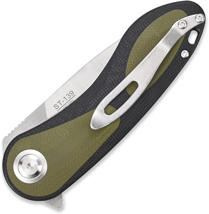Sitivien ST139 Sandvik 14C28N Steel Blade Folding Knife G10 Handle EDC Tool Knives for Outdoor Camping Hiking Hunting Survival(Black+Green)