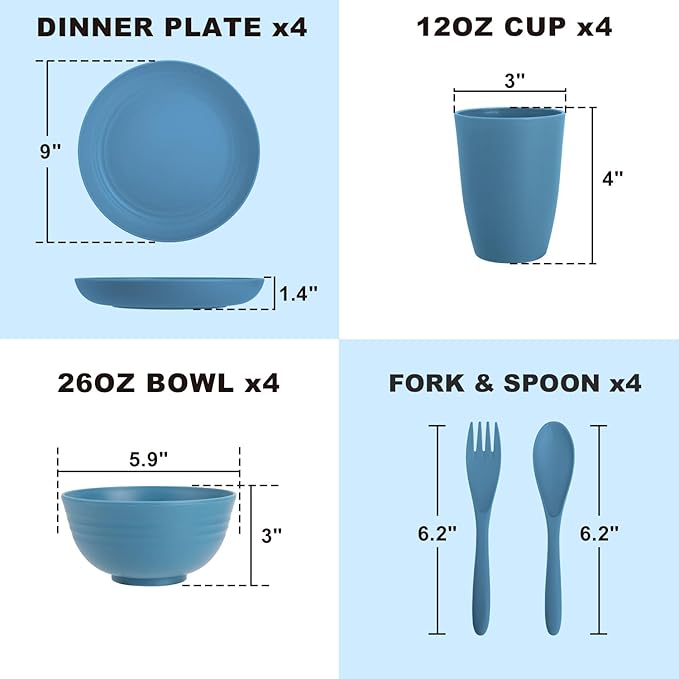Wheat Straw Dinnerware Sets for 4 Reusable Plastic Dinner Plates Unbreakable Kids Plates and Bowls Sets 20 PCS Dishwasher &amp Microwave Safe Kitchen Camping Dorm Dish Sets- Blue