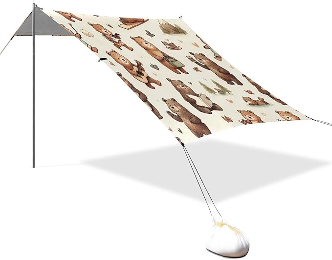 Brown Bears Daily Life Beach Tent Sun Shelter Set UPF50+ UV Protection 10.5 x 9.19 FT Camping Shade Canopy with Sandbags Sand Anchors Carrying Bag and Others