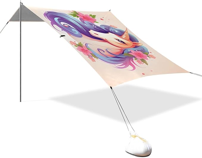 ALAZA Unicorn Flowers Beach Tent Sun Shelter UPF50+ Protection Beach Shade Canopy w/ 4 Sandbags for Outdoor Camping Fishing Backyard Fun Picnic 10x9 ft