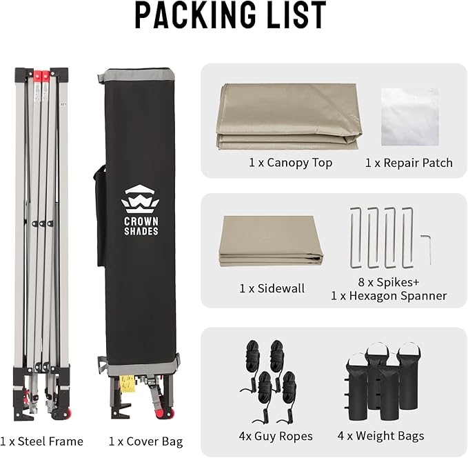 CROWN SHADES 12x12 Pop Up Canopy Tent Instant Commercial with 150D Silver Coated Fabric Including 1 Removable Sidewall 4 Ropes 8 Stakes Weight Bags STO 'N Go Bag Beige