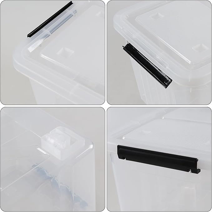 30 Quart Clear Plastic Storage Bin with Lid Stackable Latching Boxes with Wheels 4-Pack