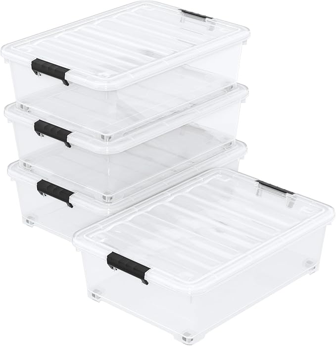 25 Quart Clear Underbed Storage Bins with Wheels Stackable Plastic Latching Bin with Lid 4 Packs