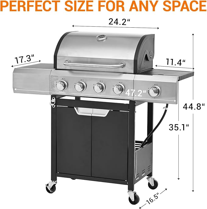 EUHOME Upgraded 51000 BTU Stainless Steel Burner Barbecue Grill 4 Burner BBQ Propane Gas Grill with Side Burner 452 sq. in Cooking Area with Porcelain for Patio Camping Outdoor Cooking