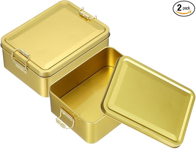 uxcell 2Pcs Metal Tinplate Box with Lids 5.7x4.3x2.2 Empty Rectangular Tin Box Container with Clasp for Home Office Travel Organizer Gifts Cookies Pencil Case Storage Champagne Gold