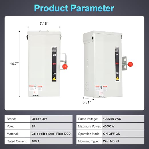 100A Generator Transfer Switch 12000/24000/45000W General-Duty Double-Throw Safety Switch 120/240/450V Manual Transfer Switch with Arc Extinguishing Cover NEMA 3R Standards for Indoor/Outdoor Use