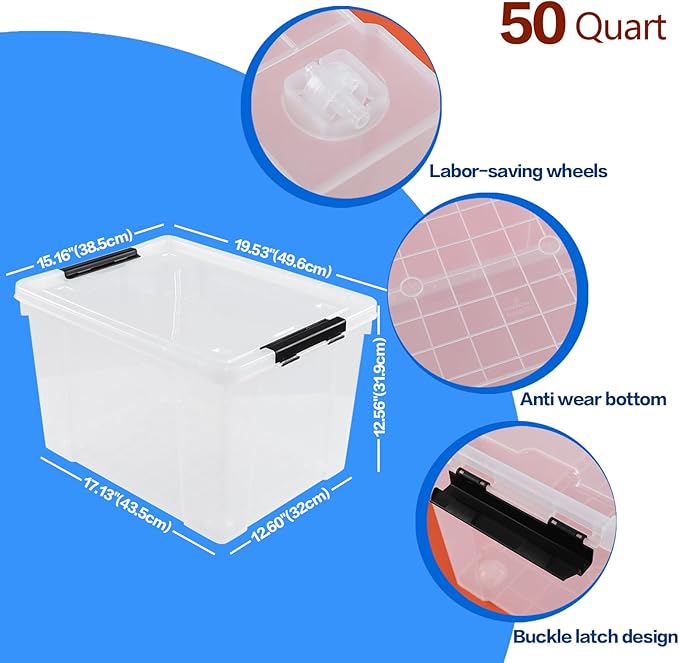 Hespama 4 Packs Clear Plastic Storage Bin 50 Quart Large Storage Containers with Wheels