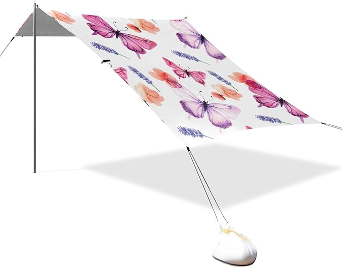 Beach Canopy with Windproof Ropes &amp Sandbags Beach Tent Sun Shade Sun Shelter for Camping Trips Fishing Backyard Fun or Picnics Butterfly