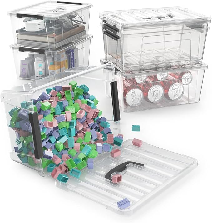 WYT 12 Pack Small 5-Quart Clear Plastic Storage Bins with Lids and Latch Buckles Storage Organizer Container with Handle