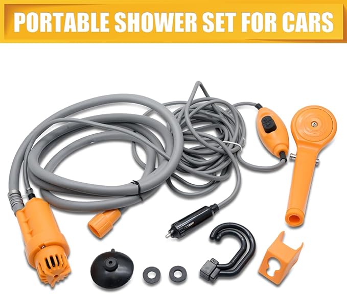 12V Camping Showers with Water Pump Portable Outdoor Shower Kit 5 Meter Cable with Cigarette Lighter Plug Max 7L Water Per Minute for Champing Pet Bath
