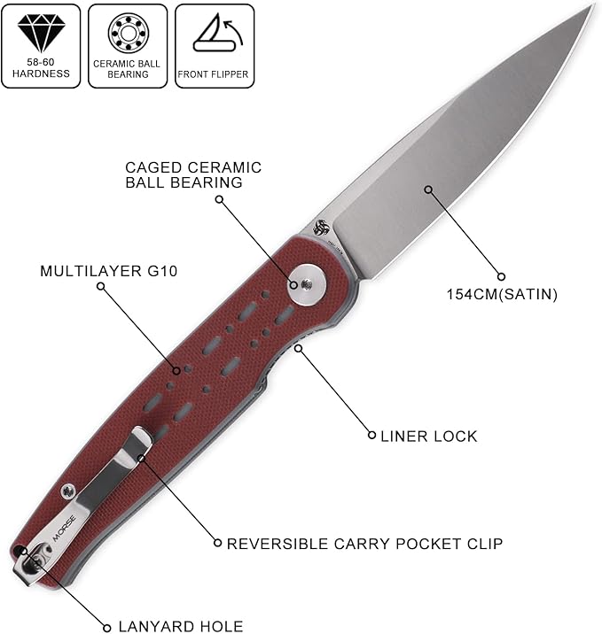 Petrified fish PFE07 Morse Pocket Knife3.31 154CM Satin Blade 3oz G10 Handle Front Flipper Liner lock Folding knife (Red Satin)