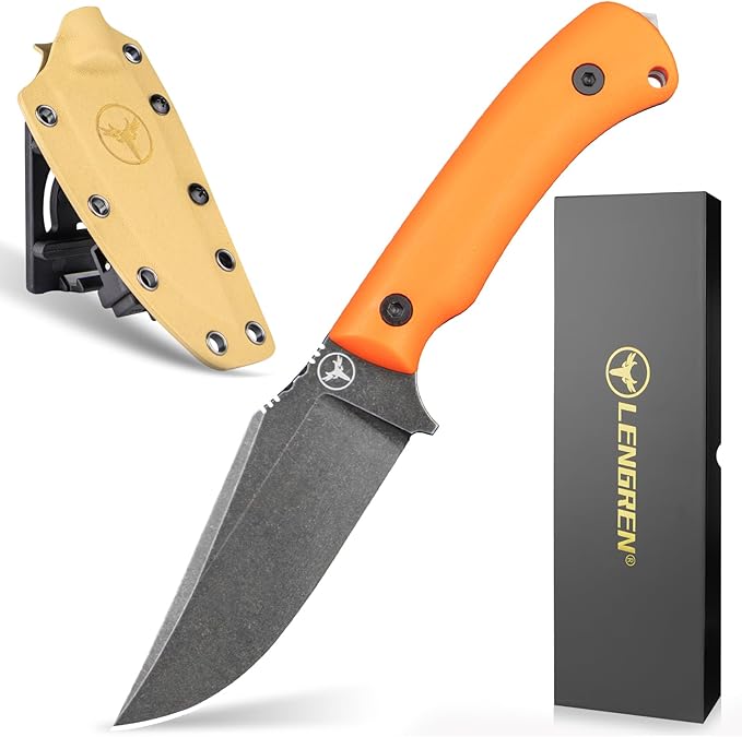 Spark Fixed Blade Knife with Sheath Textured Wood Handle Full Tang Outdoor Hunting Camping Survival Knife (Orange G10 Handle)