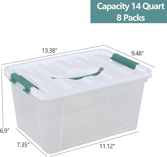 8-Pack 14 Quart Clear Organizing Container with Lid Plastic Latching Box with Handles