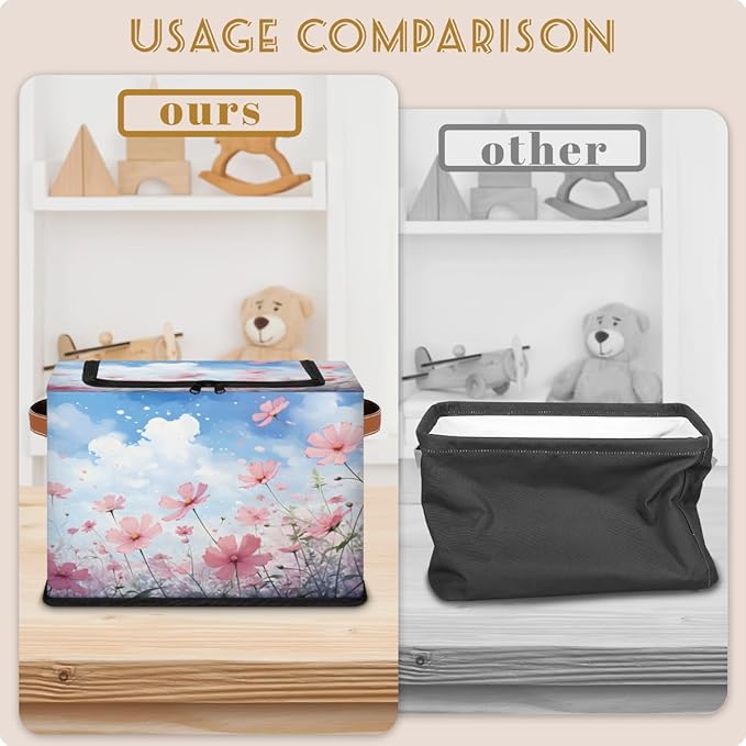 KOBLEN Poppies Seamless Pattern Storage Basket Collapsible Rectangular Storage Bins with Zipper Lid Handle Closet Shelf Cloth Organizer Basket for Nursery Bedroom Clothes Toy 2 Pack