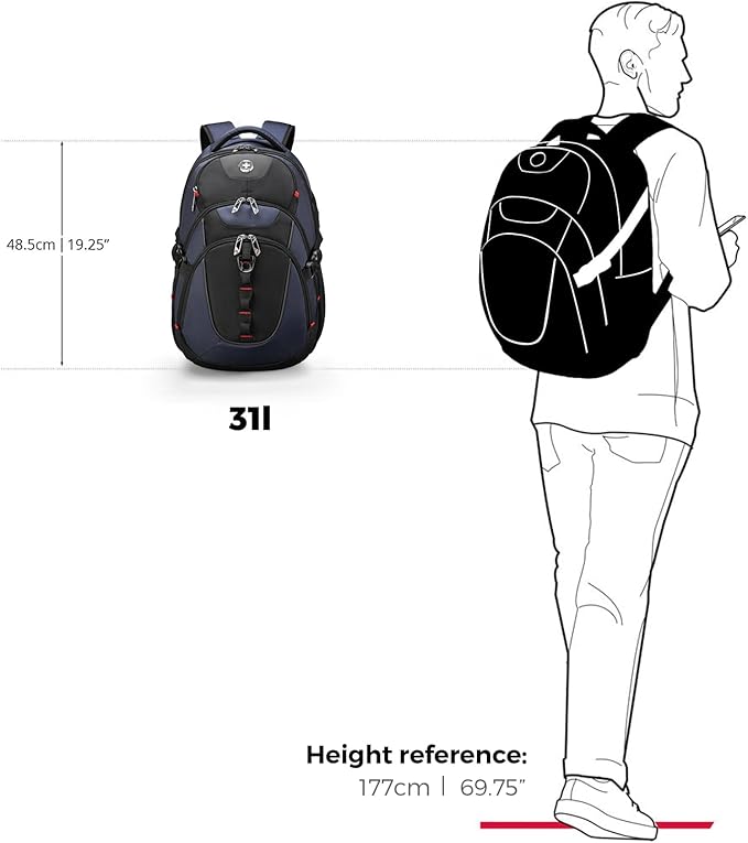 Swissdigital Design Laptop Backpack with USB Charging Port Travel Backpack Fits 15.6 inches Computer 31L College School Backpack for Men Blue/Black | SD803-12