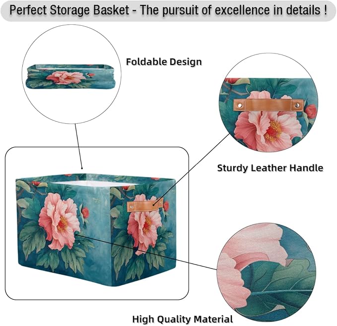 Pardick Basket Storage Bins Flower Floral Teal Rectangle Cube Basket Box Kids Girls Boys Toys Organizer Beaket Decor Foldable with Handle for Living Room Bedroom Closet Nursery Office Shelf Gifts