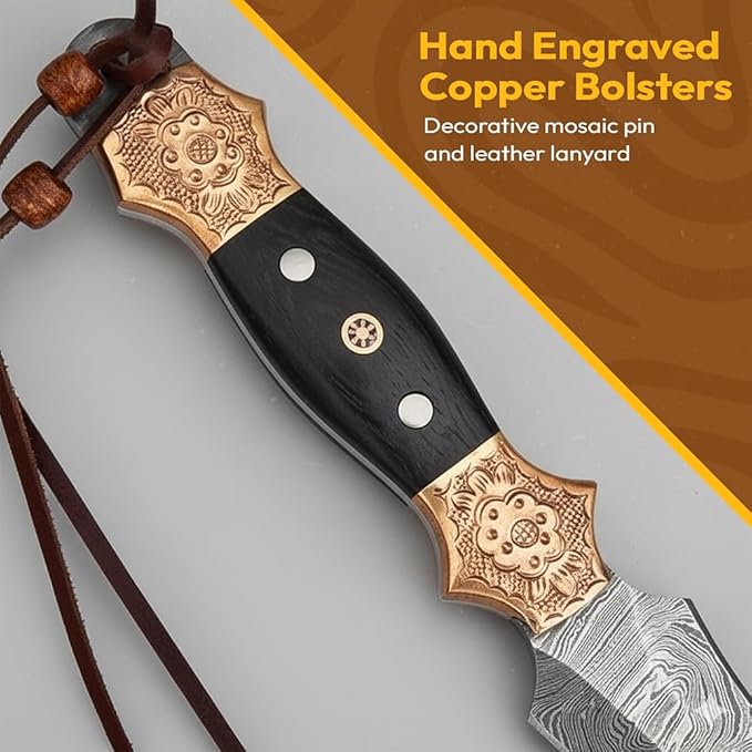 Dessi Damascus Steel Fixed Blade Knife Handmade Hunting Camping Hiking Hand Engraved Copper Bolsters Wenge Wood Handle Leather Sheath SM11