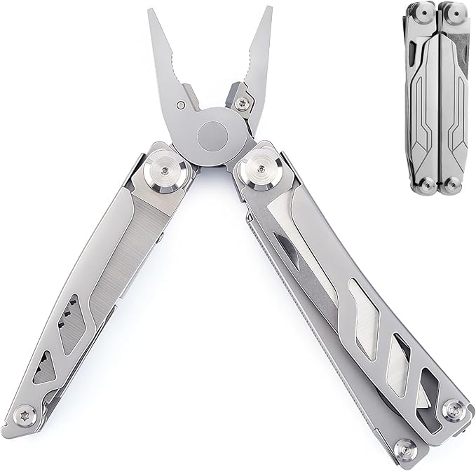 Multitool 19-in-1 Full-Size Lightweight EDC Nylon Bag Multi-Purpose Pliers Stainless Steel Camping Knives &amp Tools Gift Ideas for Men Gifts for Hunters Men who have Everything (Silver)