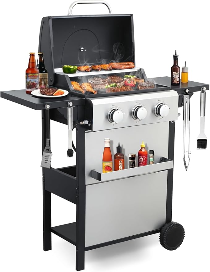 3-Burner Propane Gas BBQ Grill Stainless Steel Propane Grill 36900 BTU Outdoor Cabinet Style with Wheels Wire Rack and Two Foldable Side Table for Outdoor Barbecue Cooking (3-Burner GrillSilver)
