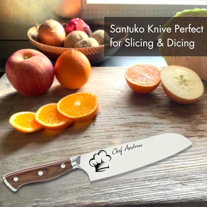 Shape28 Customizable Stainless Steel Steel Santoku Kitchen Knife with Laser Engraved Cooking Gifts for Him Her Housewarming Gifts Kitchen Knife Gift Set
