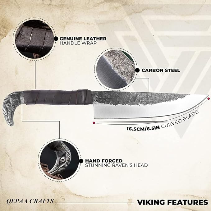 QEPAA CRAFTS® Odin's Raven Norse Viking-styled Knife 10.3 - Hand Forged 6.5 Carbon Steel Blade Raven's Head Hilt and Leather Sheath - Unique Medieval Seax Style - Norse Knife for Hunting &amp Camp