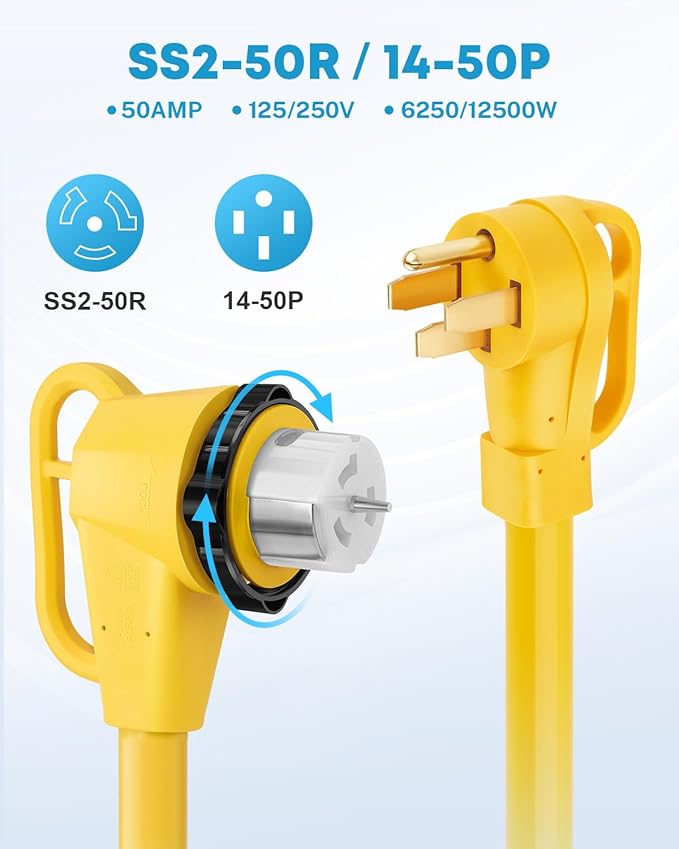 UL Listed 25 Feet 50 Amp Generator Extension Cord NEMA 14-50P Male to SS2-50R 6/3+8/1 AWG 125/250V Heavy Duty Generator Power Cable with Twist Lock Connectors for Generator to House