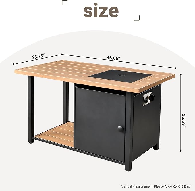 OVIOS 46 Inch Outdoor Patio Fire Pit Table 50000 BTU Heater Metal Steel Frame Propane Firepits with Storage Space Wood-Like Tabletop Waterproof Cover Lid Lava Rock Black