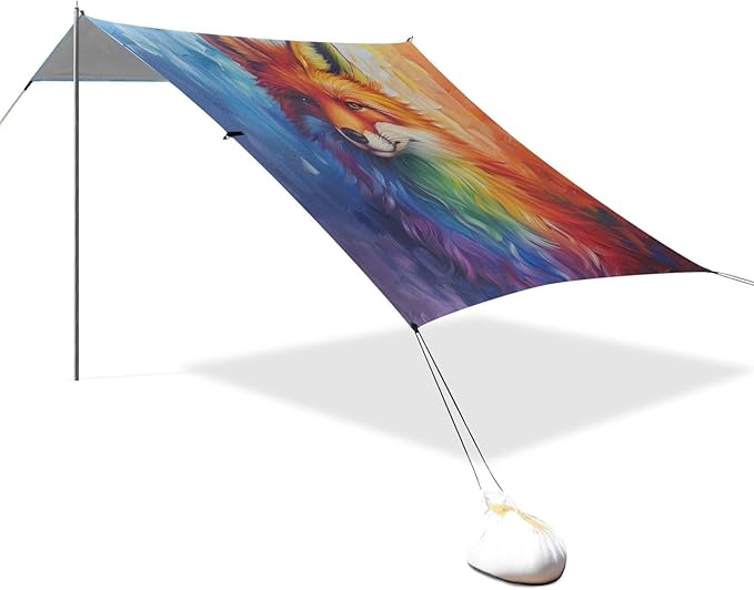 ALAZA Fox Rainbow Painting Beach Tent Sun Shelter UPF50+ Protection Beach Shade Canopy w/ 4 Sandbags for Outdoor Camping Fishing Backyard Fun Picnic 10x9 ft