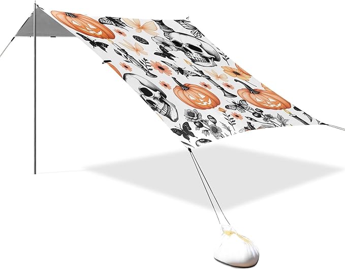 ALAZA Pumpkin Skull Pattern Beach Tent Sun Shelter Portable Canopy Sunshade for Outdoor Camping Picnics Backyard Fun 10x9 ft
