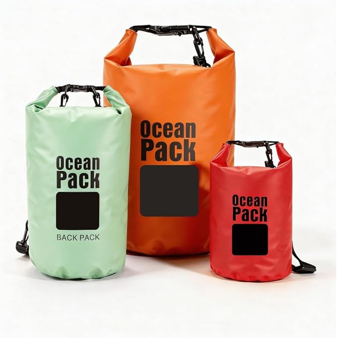 Waterproof Dry Bag Set of 3 (15L 20L 30L) - PVC Roll Top Dry Bags Waterproof - Backpack for Kayaking Camping Beach &amp Travel (Red Light Green Orange)