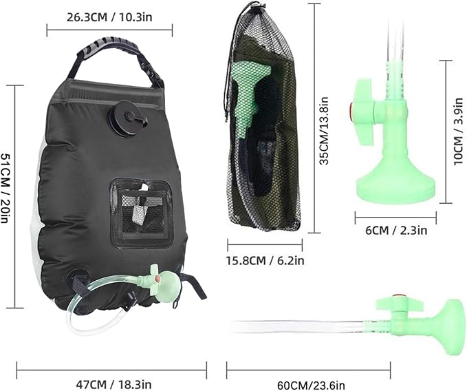 Camping Shower Bag - Mobile Outdoor Shower for Backpackers | Sturdy Water Container with Hose Spray Head Easy Setup Solution for Travel Hiking and Picnic Use 18.3 x 20in