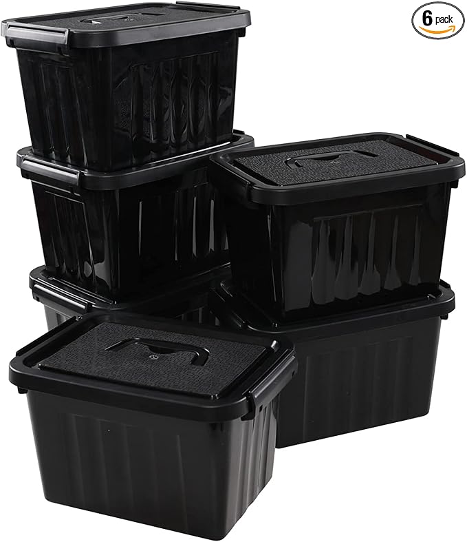 6L Plastic Storage Boxes 6 Pack Black Storage Bins with Lids